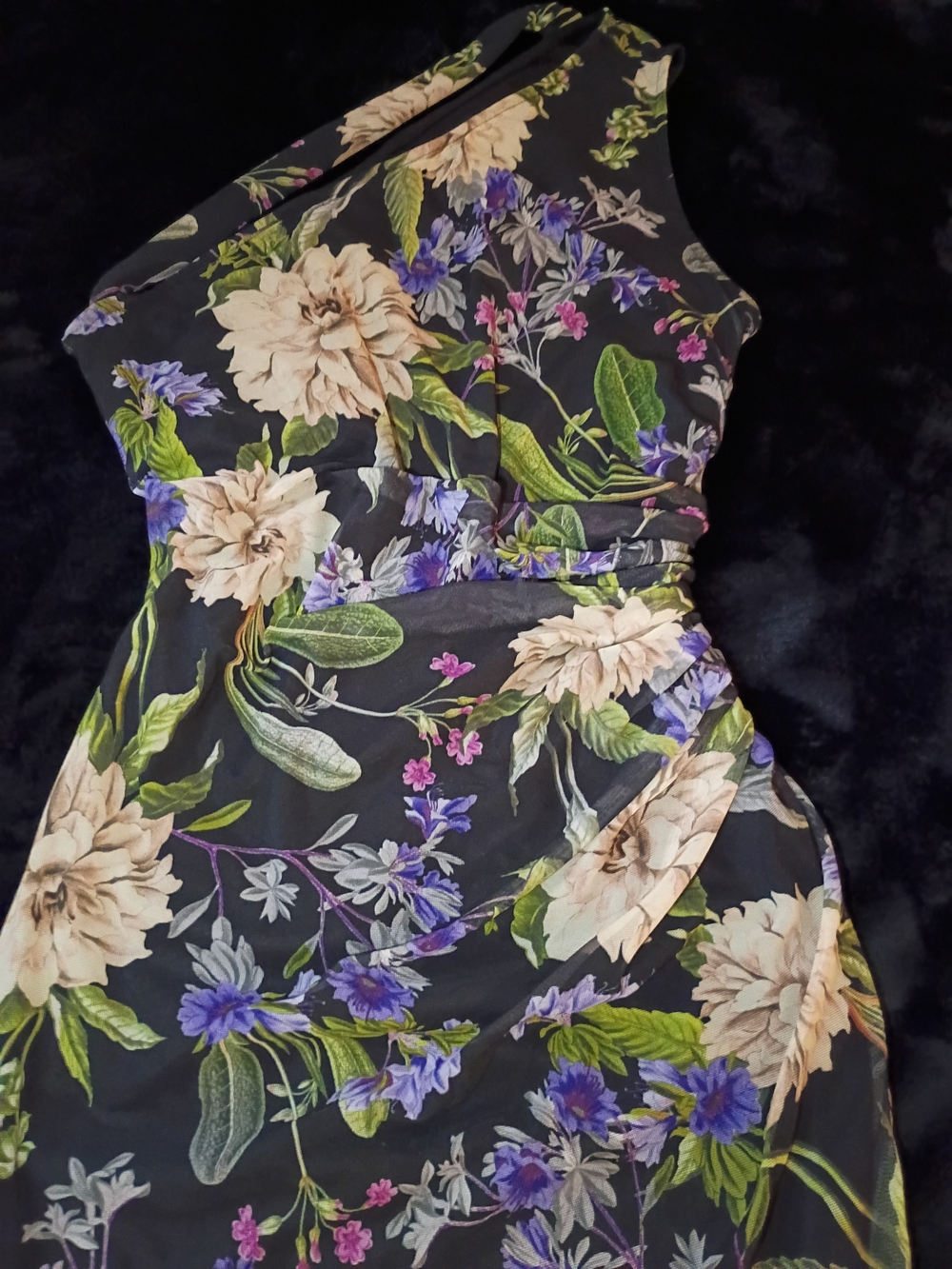 One-Shoulder Floral Dress in Black with Cream & Purple Blooms